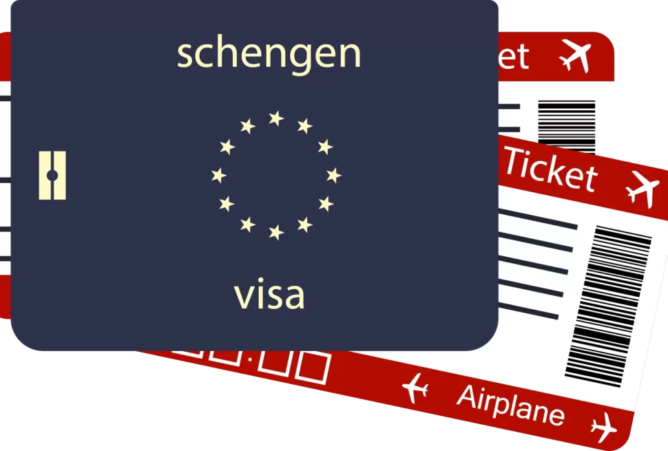 Map of the Schengen Area with travel documents showing how to apply for a Schengen visa from Dubai.