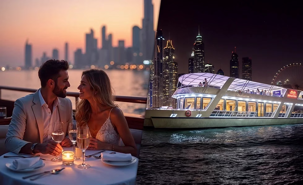 Traditional dhow boat lit up at night during a dhow marina cruise with dinner in Dubai Marina, part of a magical marina cruise Dubai experience.