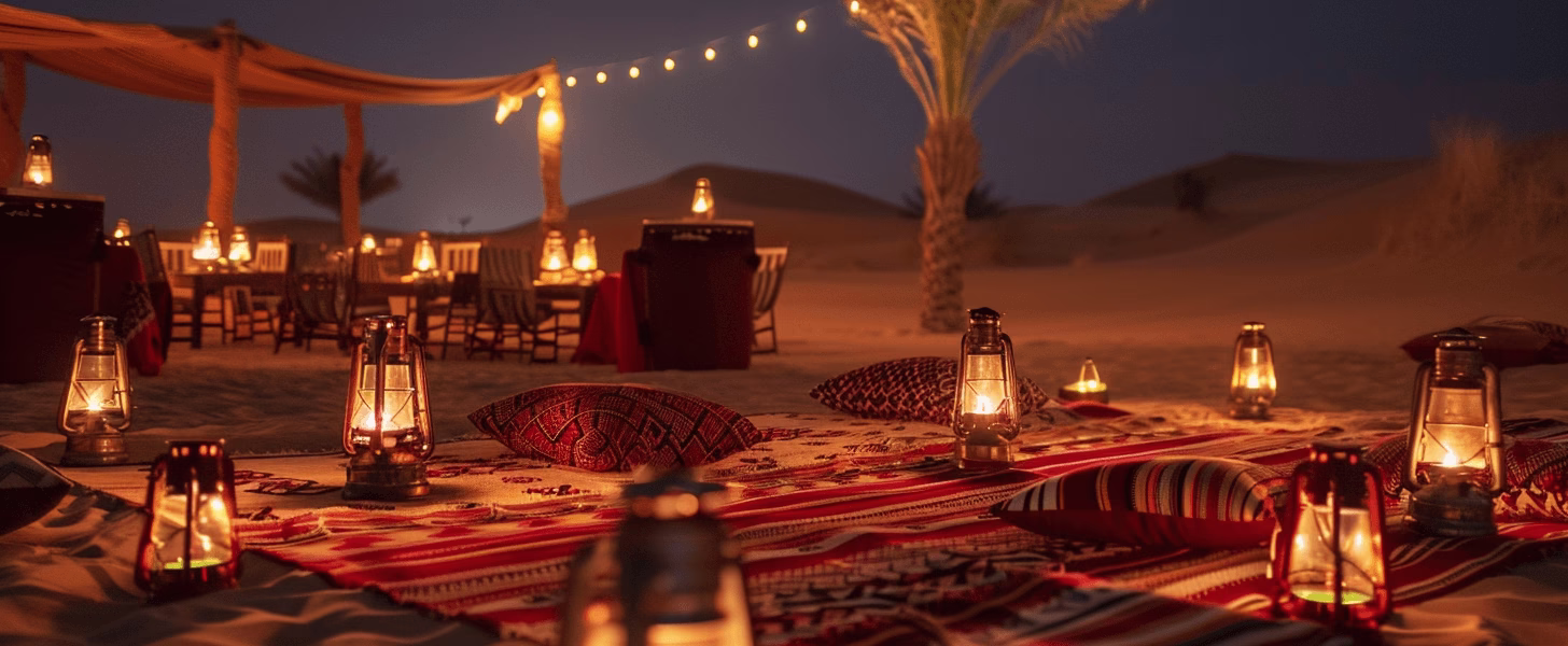 Tourists enjoying an overnight desert safari in Dubai with camel rides, sand dunes, and a traditional camp setting.