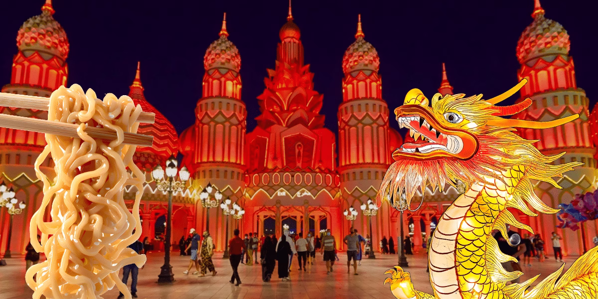 Crowds gathering at the vibrant entrance to Global Village, showcasing cultural pavilions and attractions; buy your entry ticket to Global Village online.