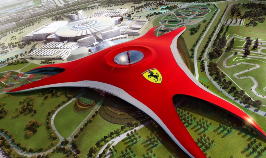 Bored Of Routine? Abu Dhabi City Tour With Ferrari World! › Forever Tourism LLC A scenic view of Abu Dhabi city tour with Ferrari World, featuring the Grand Mosque, Louvre Museum, and top tourist attractions.