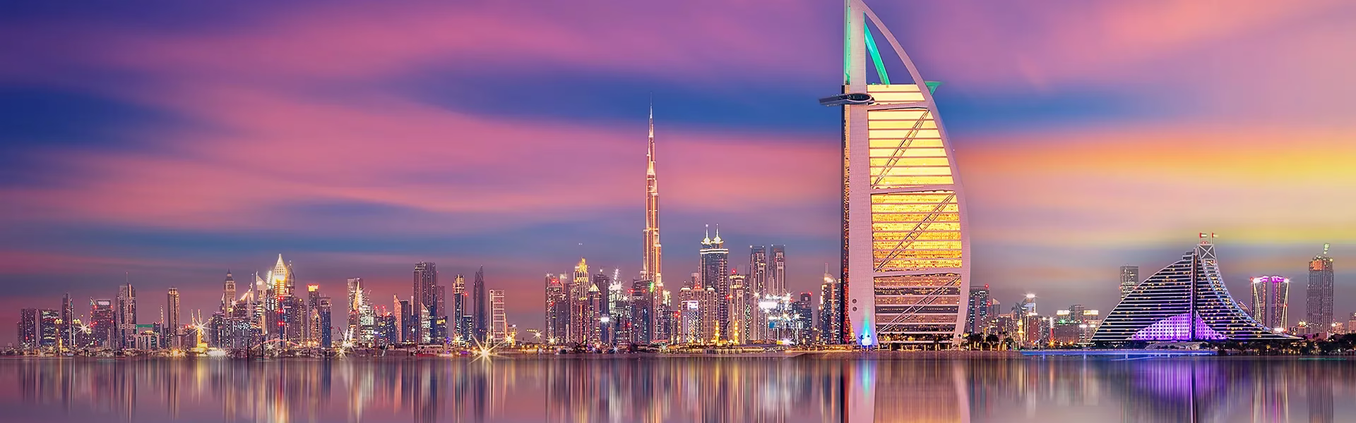 Skyline view of Dubai city tour featuring Burj Khalifa, Zabeel Palace gardens, and the sail-shaped Burj Al Arab.