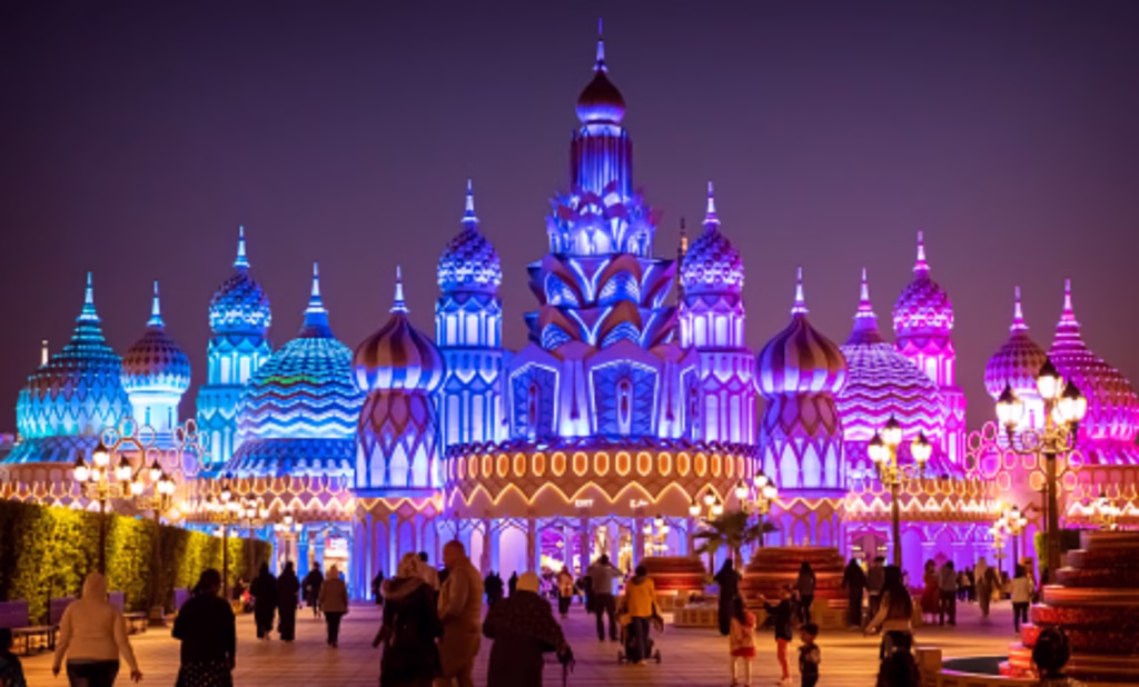Colorful night view of Global Village Dubai, ideal for visitors using a Global Village Any Day Ticket, Global Village offer ticket, or Global Village entry pass.