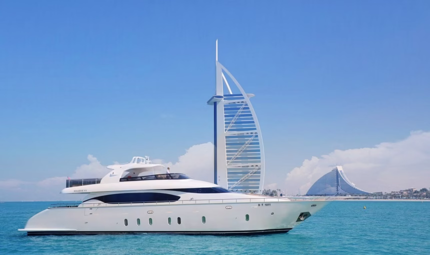 Luxury Yacht Tour Dubai | 3 Times Booking Too Late Hurts #VIP › Forever Tourism LLC Guests enjoying a luxury yacht tour Dubai by Xclusive Yachts during a sunset yacht dinner cruise with scenic views of Dubai Marina.