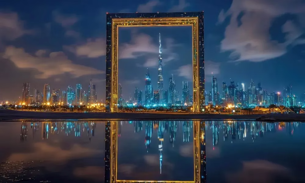 Visitors enjoying the skyline view from The Frame Dubai with Dubai Frame tickets.