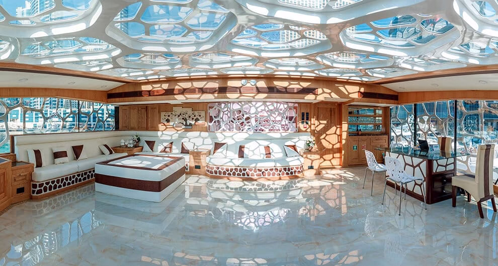 Luxury mega yacht cruise Dubai at sunset in Dubai Marina during a Lotus Marina cruise – showcasing the elegance of a Dubai sunset yacht tour.