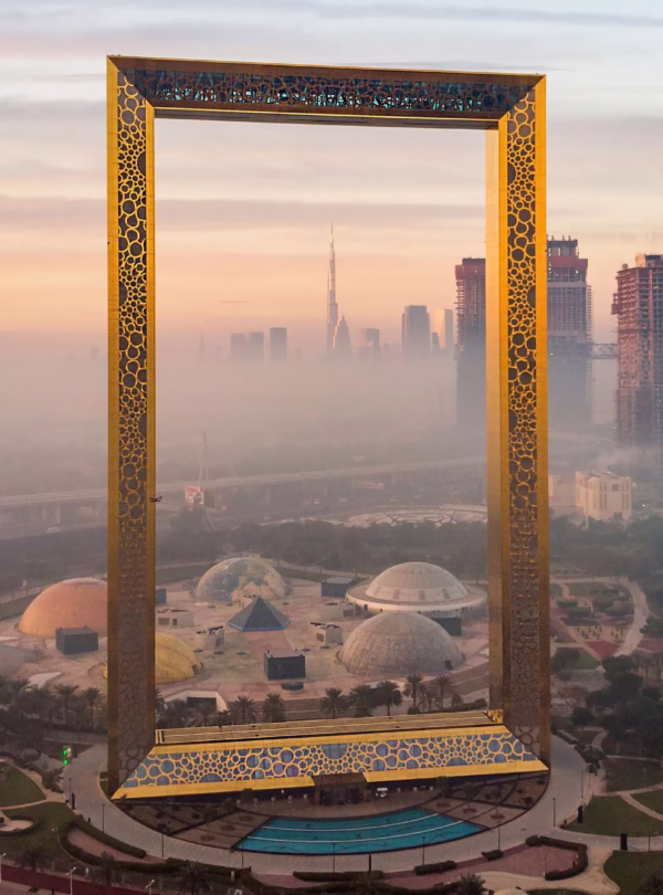 View of the iconic Dubai Frame at sunset, a top attraction with Dubai Frame tickets offering stunning skyline views and unique experiences.
