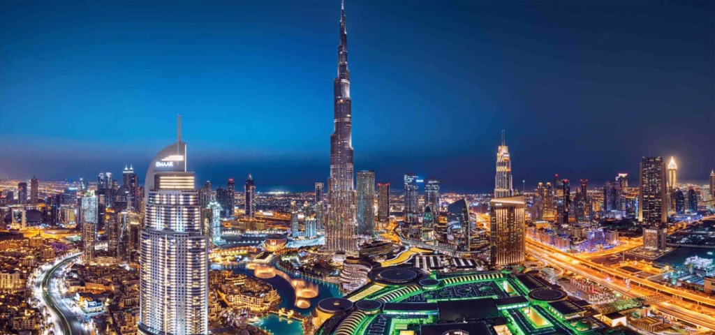 Panoramic view of Dubai skyline captured during a city tour Dubai, showcasing popular sightseeing spots and day trip attractions