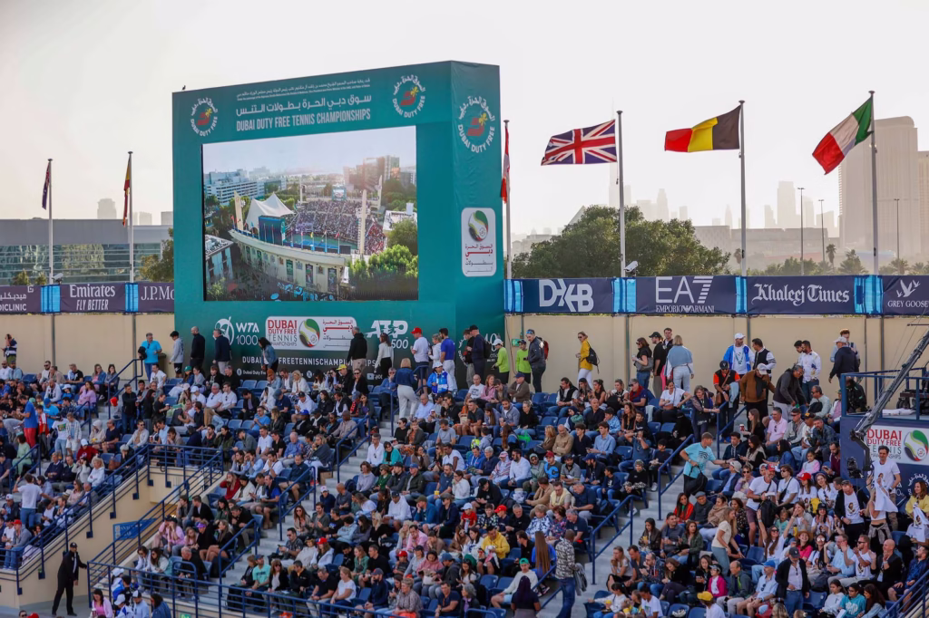 Players in action at the dubai open 2025 during ATP and WTA matches at the Dubai Duty Free Tennis Championships.