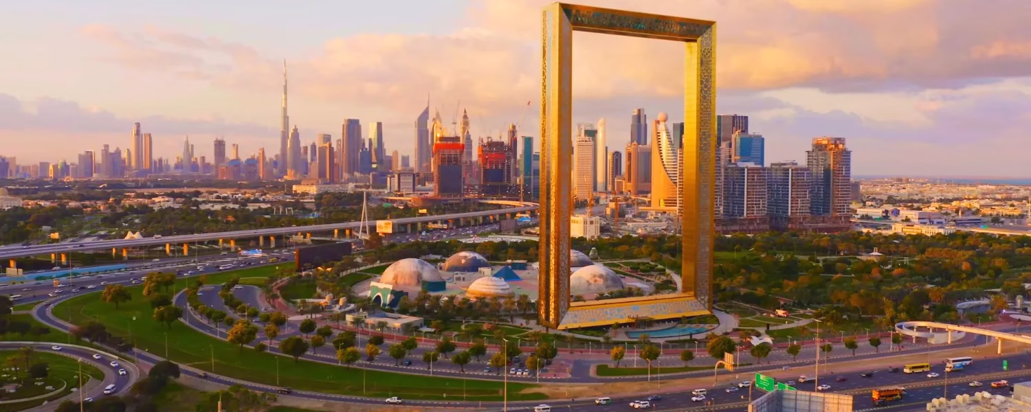 View of the iconic Dubai Frame at sunset, showcasing the best time to visit along with insights on Dubai Frame ticket and opening timings.