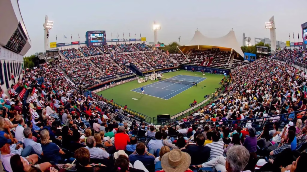 Crowd watching a match at Dubai Tennis 2025 with players from the Dubai Open 2025 lineup at the Dubai Duty Free Tennis Championships.