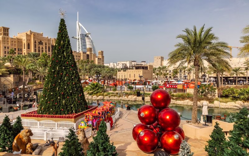 Festive decorations and lights at a Dubai Christmas market, showcasing holiday shopping and events during a Christmas holiday in Dubai 2025.