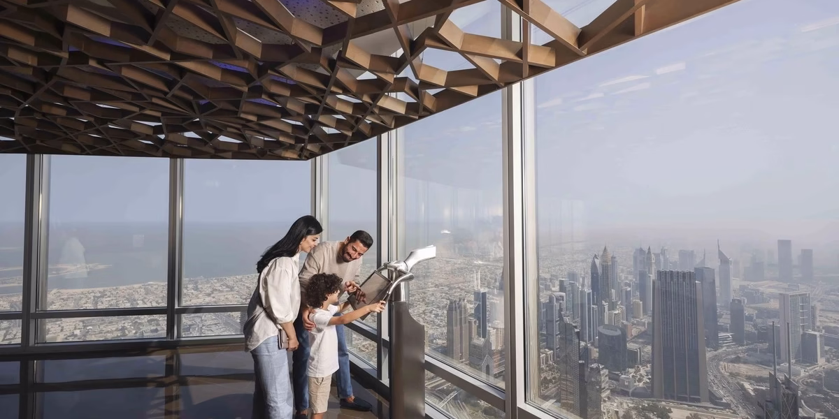 Panoramic view from the top of The Burj Khalifa, showcasing stunning cityscape and skyline – captured with Burj Khalifa tickets during prime visiting hours.