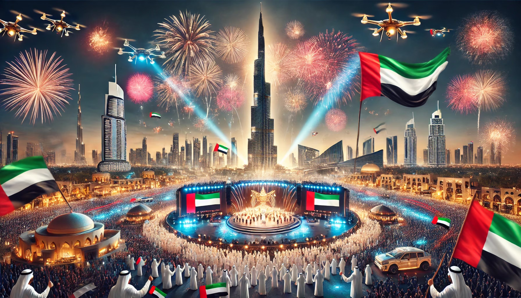 Crowds enjoying UAE National Day 2025 celebrations with fireworks in Dubai, parades in Abu Dhabi, and festive family activities.