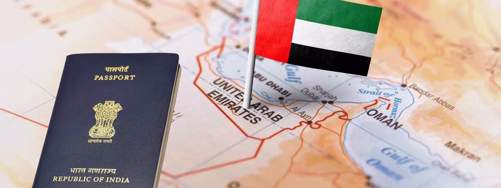 Indian passport with Dubai skyline representing how to apply for Dubai tourist visa for Indians from India.
