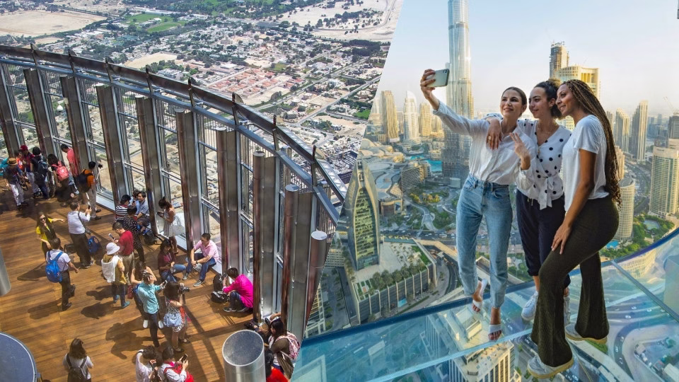 Panoramic view from the top of The Burj Khalifa, showcasing stunning cityscape and skyline – captured with Burj Khalifa tickets during prime visiting hours.