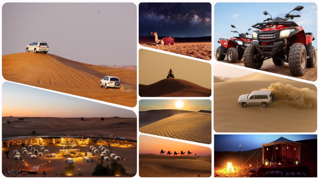 Tourists enjoying dune bashing and camel rides as part of exciting Dubai desert safari packages in the golden sands of Desert Safari Dubai.