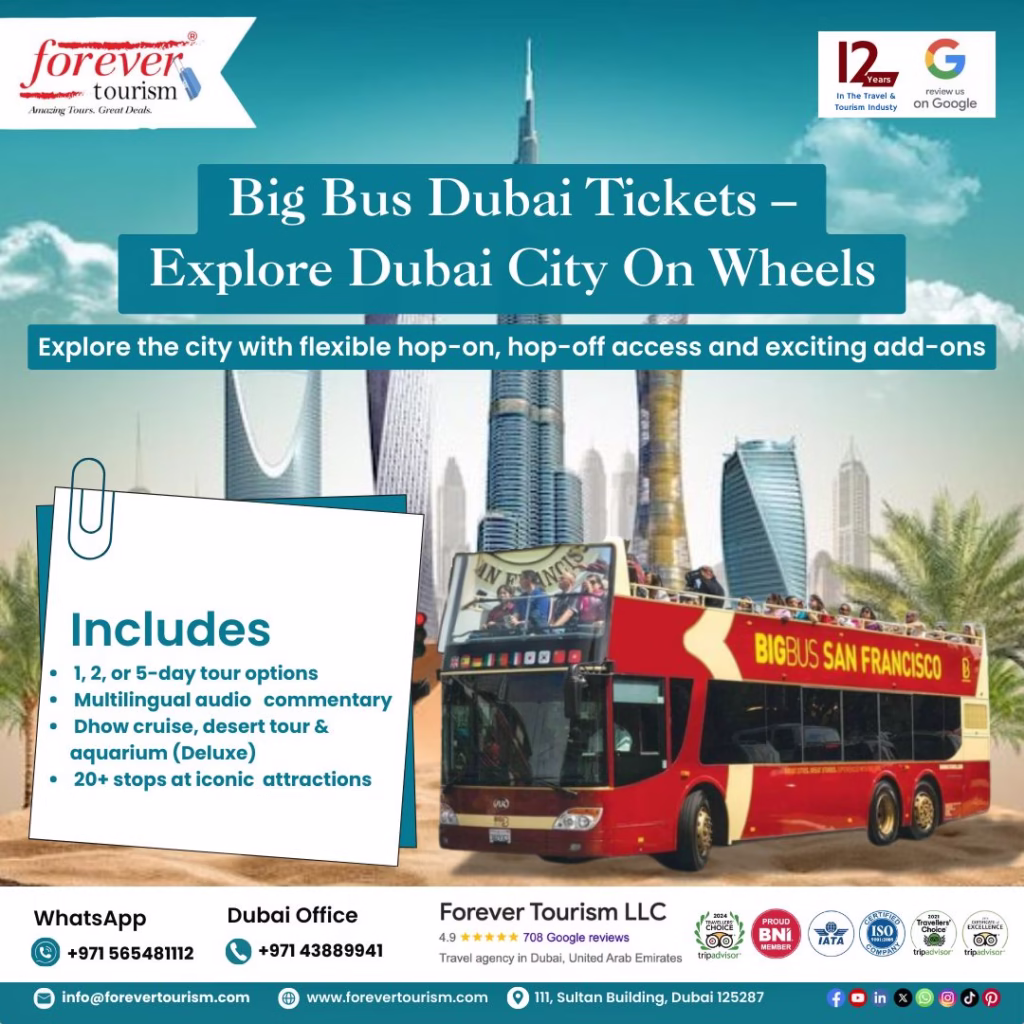 Red Dubai city tour bus with tourists enjoying a hop-on hop-off sightseeing experience in front of iconic Dubai landmarks.