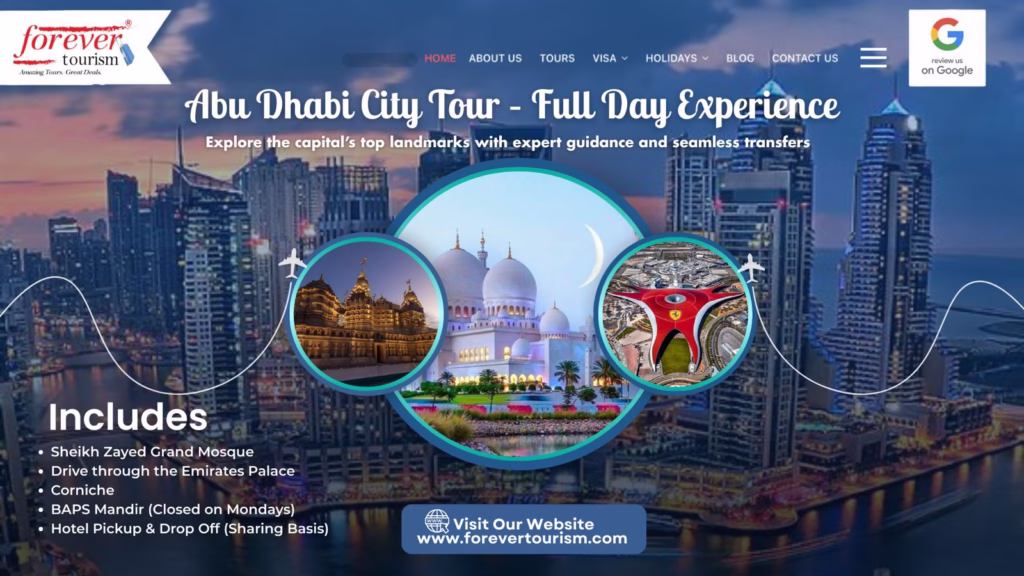 Scenic view of Abu Dhabi landmarks during an Abu Dhabi trip from Dubai, featuring highlights of a sightseeing tour and city tour package.