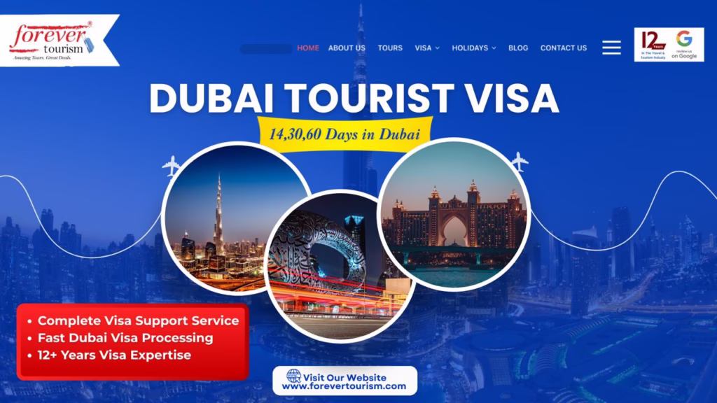 Indian passport with Dubai skyline representing how to apply for Dubai tourist visa for Indians from India.