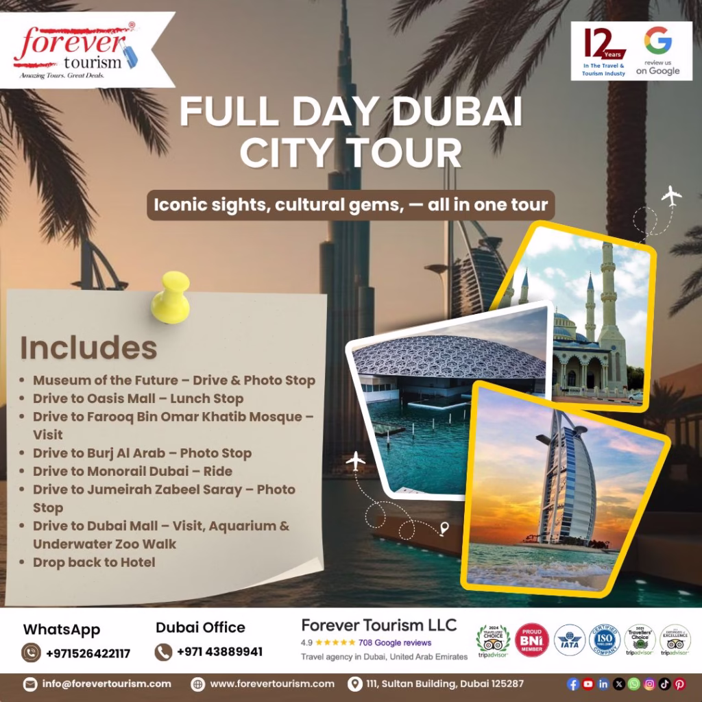 Skyline view featuring Burj Khalifa, Dubai Marina, Jumeirah Beach, and Burj Al Arab — highlights of a Dubai City Tour.