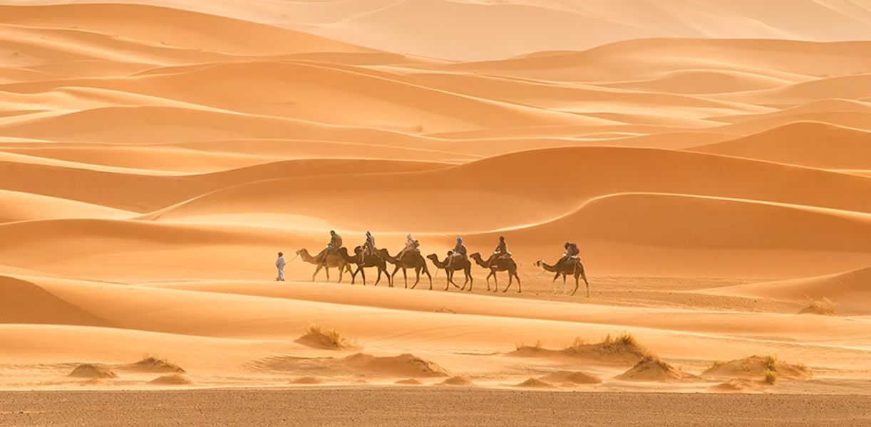 Tourists enjoying a sunset desert safari Dubai with sand dune bashing, camel trip, and evening desert adventure in Dubai.
