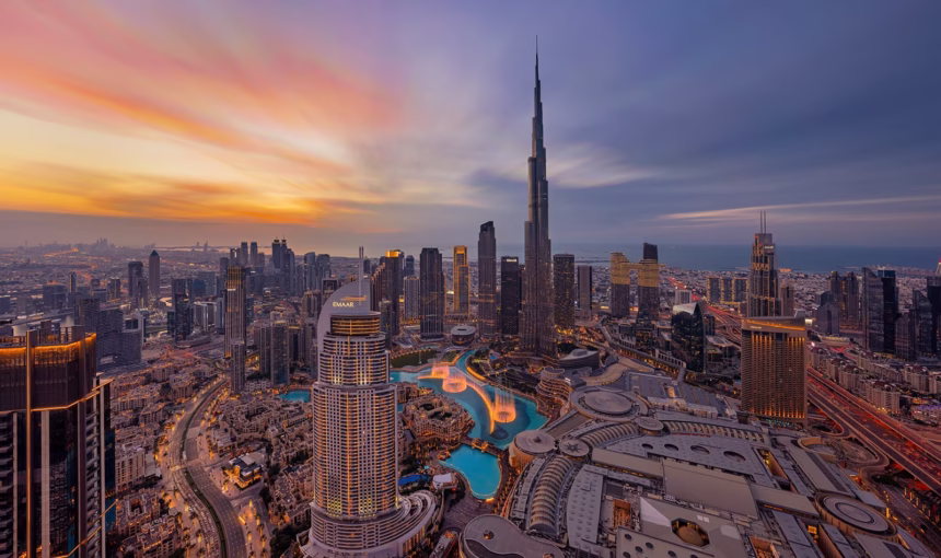 Dubai hop on hop off bus passing iconic landmarks during a Dubai sightseeing city tour.