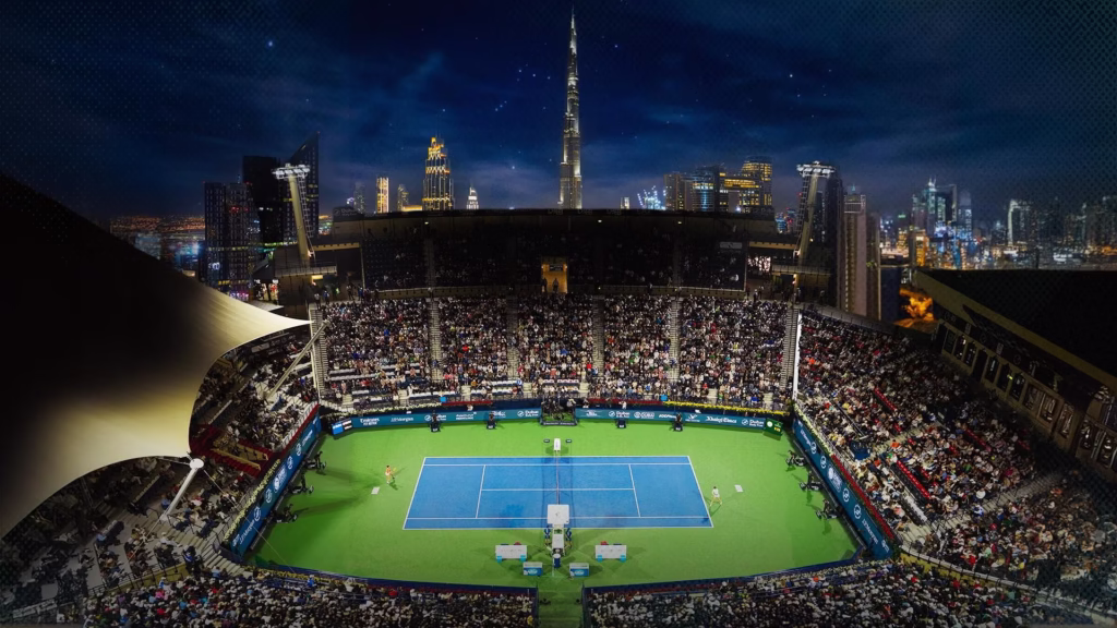 Players in action at the dubai open 2025 during ATP and WTA matches at the Dubai Duty Free Tennis Championships.