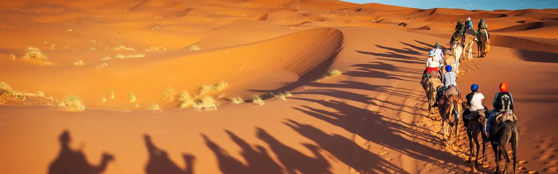 Tourist enjoying camel ride during morning desert safari Dubai with golden sand dunes in the background.