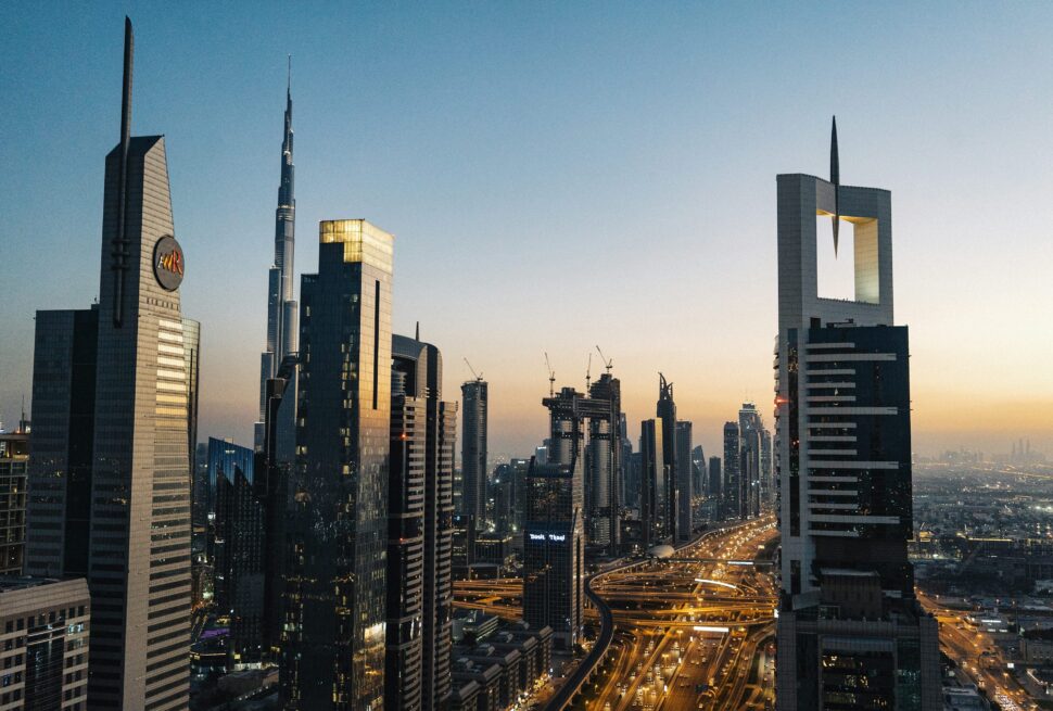Aerial view of Dubai Mega Projects showcasing futuristic skyscrapers, expansive developments, and innovative urban planning.