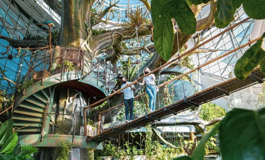 Tourists exploring Gardens and Natural Attractions in Dubai at Dubai Miracle Garden surrounded by colorful flowers.