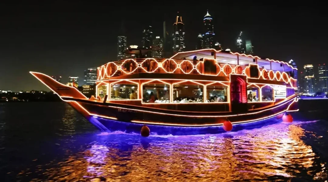 Dhow Cruise Marina scenic evening in Dubai showcasing skyline views and boat