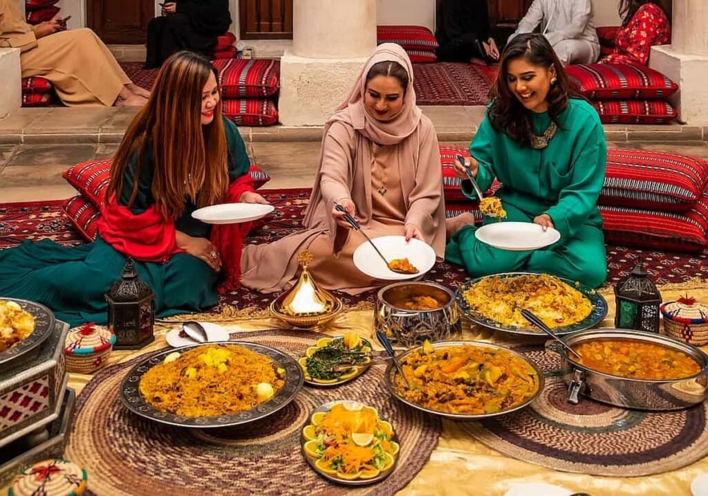 Beautiful Ramadan street scene in Dubai at sunset showing lanterns, traditional decorations, and a festive ambiance