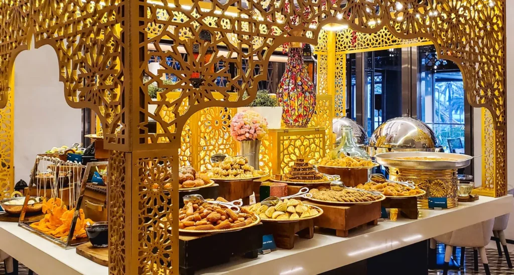 Beautiful Ramadan street scene in Dubai at sunset showing lanterns, traditional decorations, and a festive ambiance