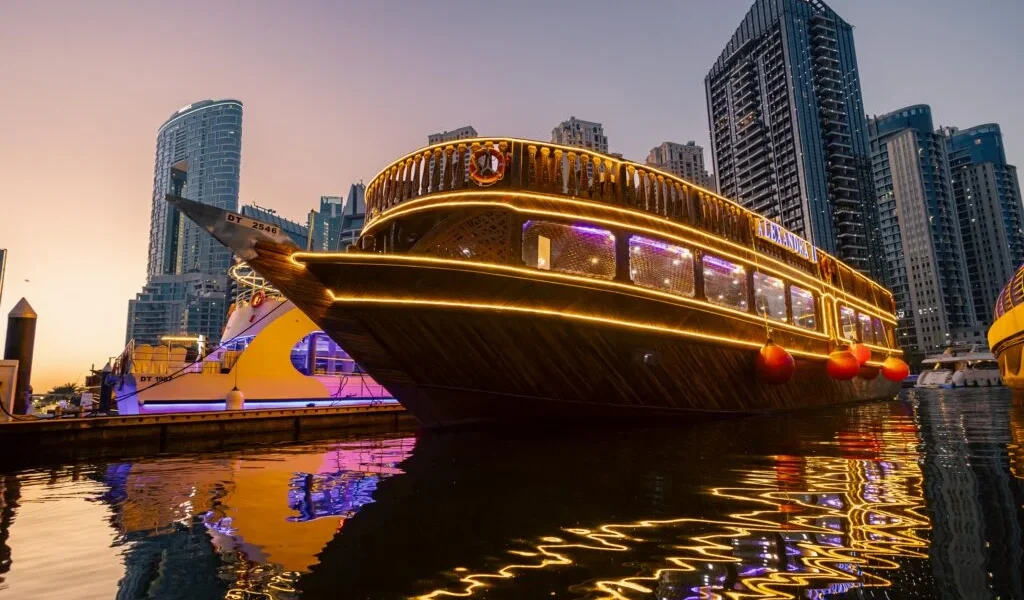 Marina Dhow Cruise With Dinner aboard traditional dhow with Dubai Marina skyline views