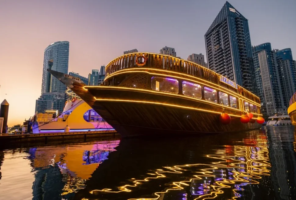 Marina Dhow Cruise With Dinner aboard traditional dhow with Dubai Marina skyline views
