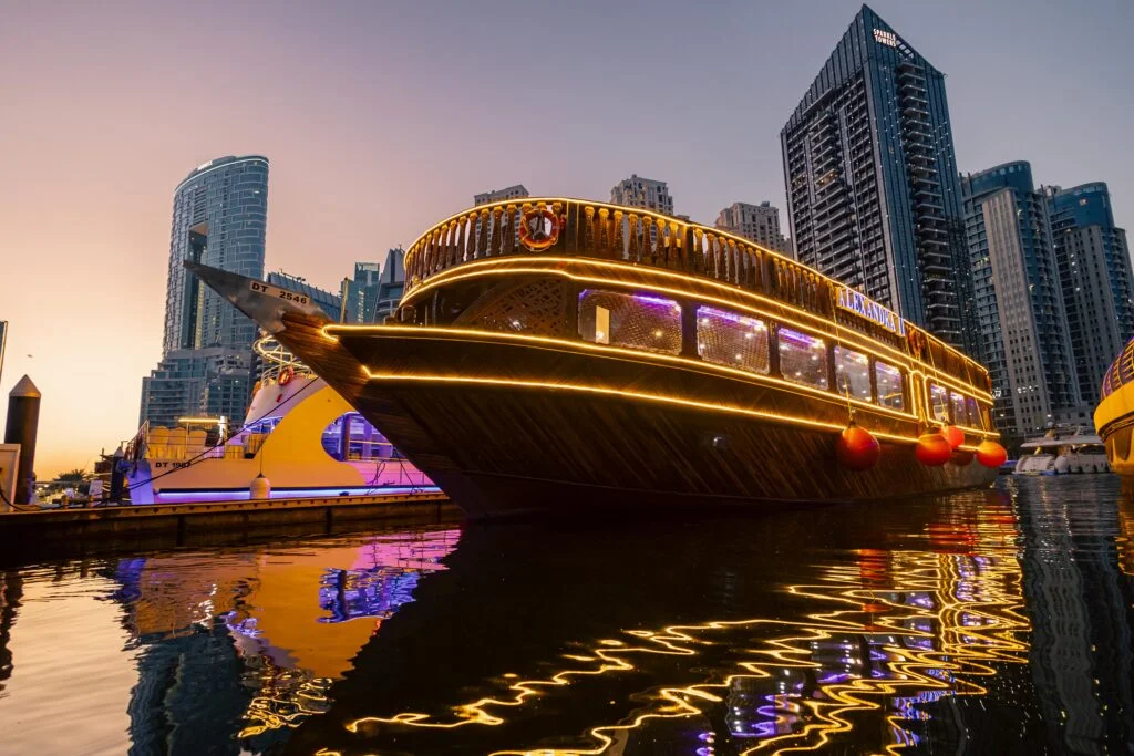 Marina Dhow Cruise With Dinner aboard traditional dhow with Dubai Marina skyline views