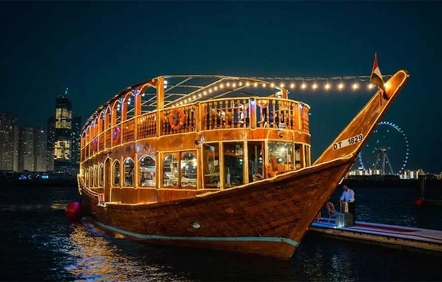 Dhow cruise marina with dinner under Dubai skyline with buffet and live entertainment