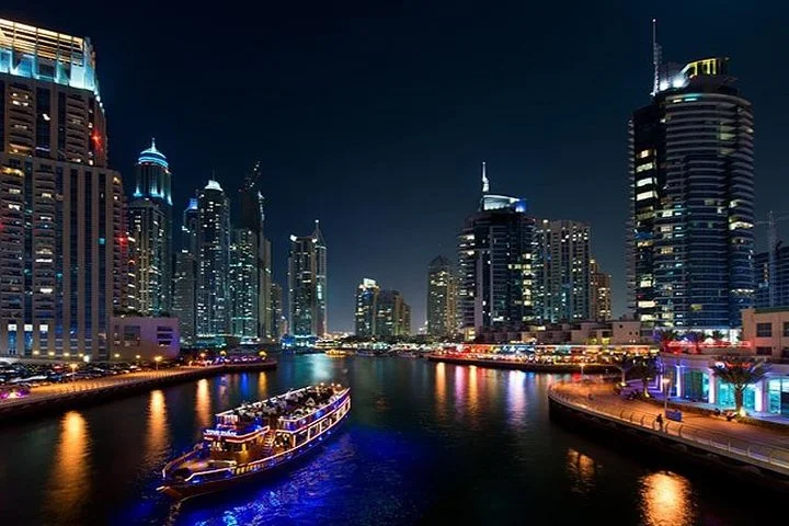 Dhow cruise marina with dinner under Dubai skyline with buffet and live entertainment