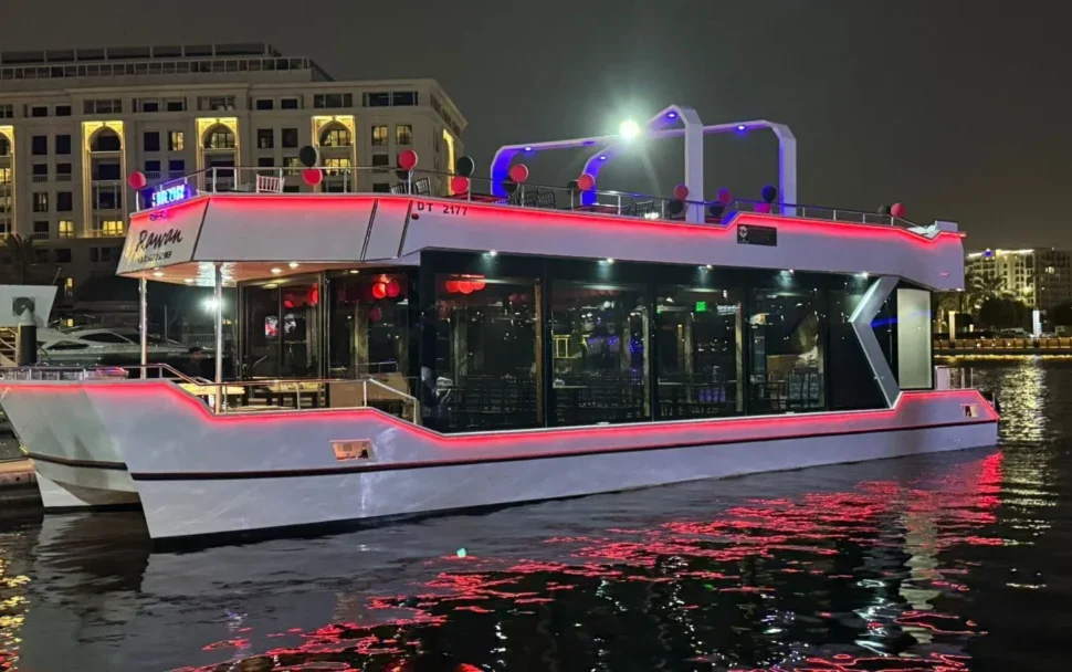 Dubai Luxury Canal Dinner Cruise with skyline view and luxury dhow under lights