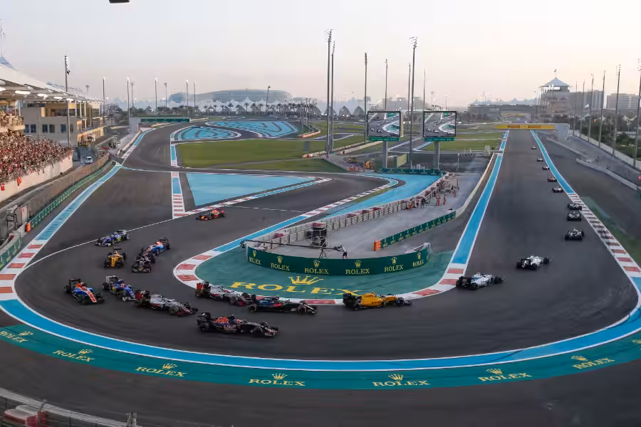 Skyline view of Abu Dhabi’s Yas Island with Ferrari World and Yas Marina in the background