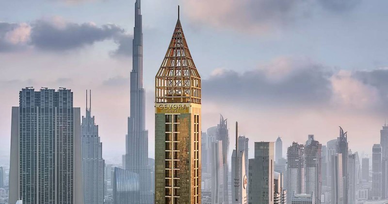 › Forever Tourism LLC Panoramic skyline showcasing Gevora Hotel and Burj Al Arab among the world’s tallest hotels
