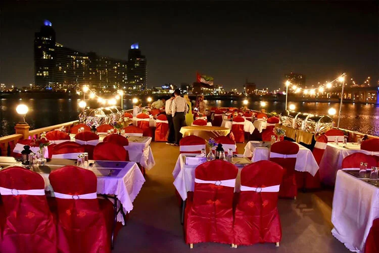 Dhow cruise marina with dinner under Dubai skyline with buffet and live entertainment