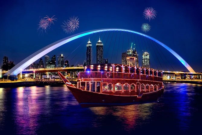 Scenic night capture of Dubai Water Canal Cruise with illuminated skyline