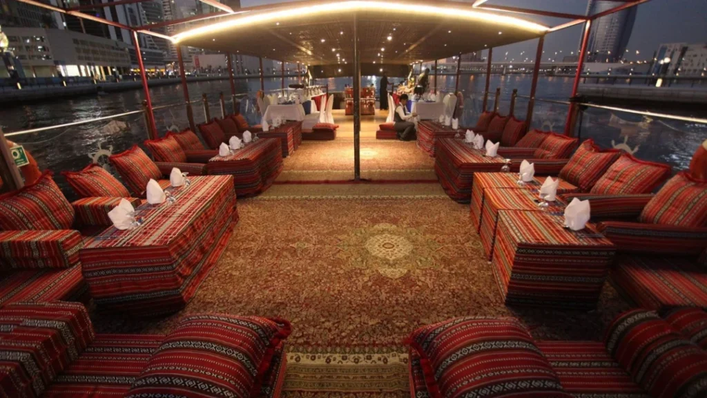 A stunning night view of Dubai Canal Cruise illuminated skyline