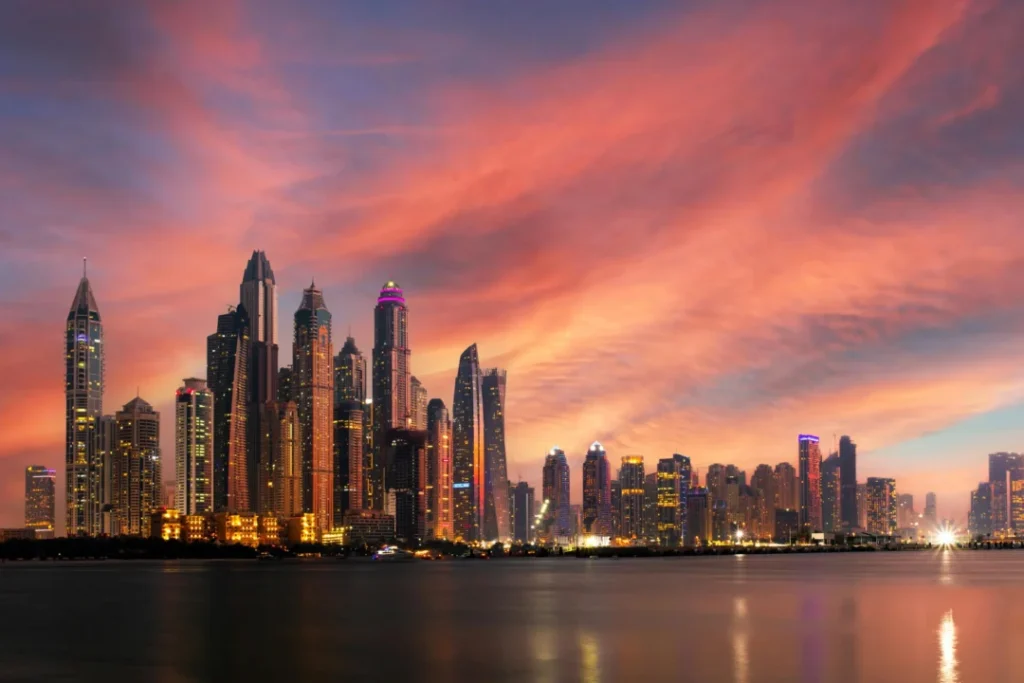 Dhow cruise marina with dinner under Dubai skyline with buffet and live entertainment