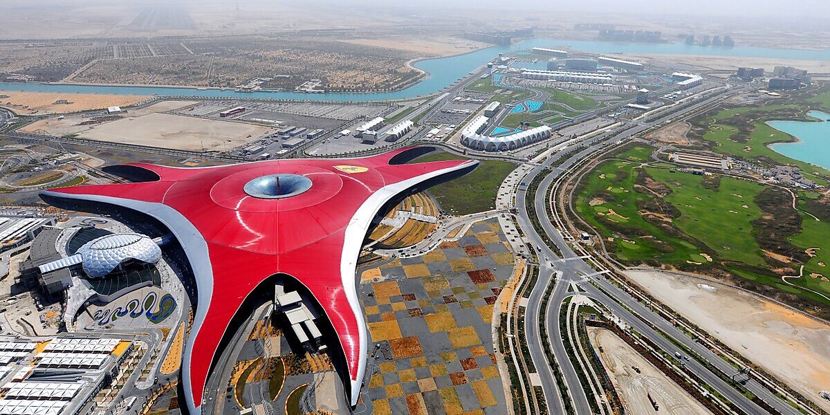 Skyline view of Abu Dhabi’s Yas Island with Ferrari World and Yas Marina in the background