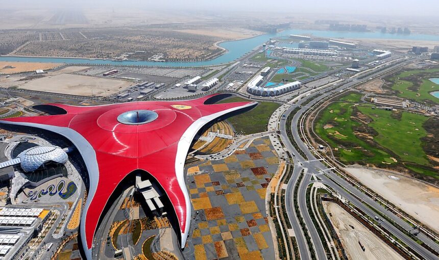 Skyline view of Abu Dhabi’s Yas Island with Ferrari World and Yas Marina in the background