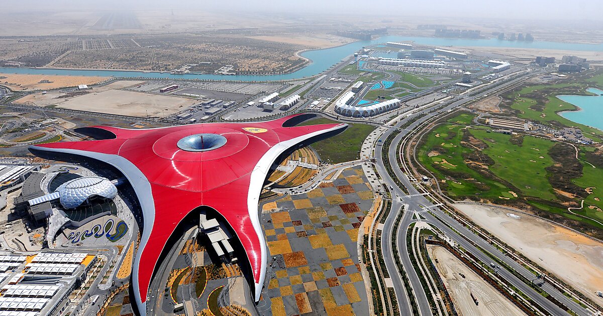 Skyline view of Abu Dhabi’s Yas Island with Ferrari World and Yas Marina in the background