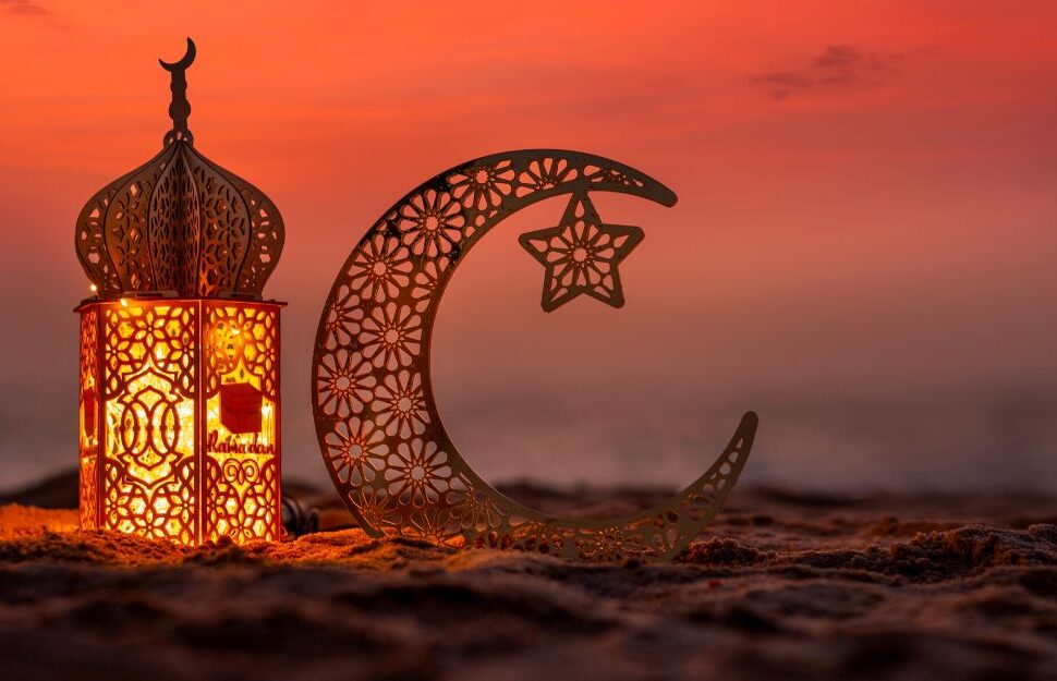 Beautiful Ramadan street scene in Dubai at sunset showing lanterns, traditional decorations, and a festive ambiance